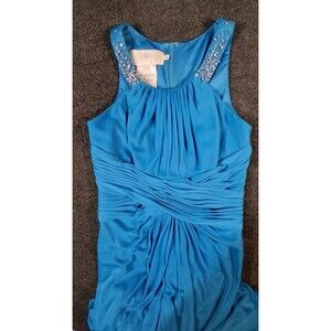 DAVID'S BRIDAL  long beaded u neck dress with ruched waist color: pacific SZ 2